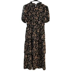 GOMORN Floral Print‎ Tiered Maxi Dress Black Yellow Short Sleeve Mock Neck Small
